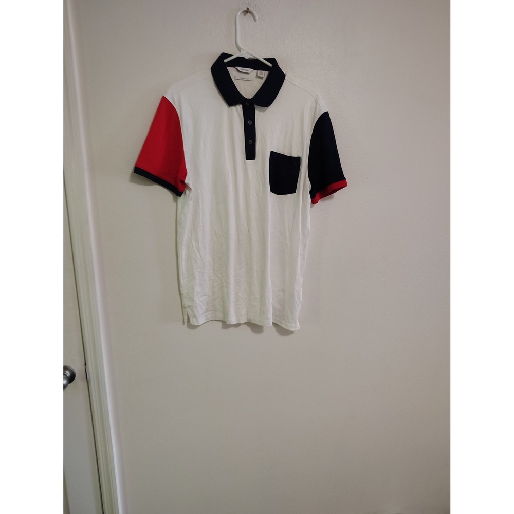 Calvin Klein Liquid Touch Polo Shirt‎  Large White Colorblock Pocket Short Slv